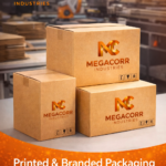 megacorr-printed-branded-corrugated-packaging.jpg Printed and branded corrugated packaging boxes manufactured by Megacorr Industries, showcasing high-quality logo printing and durable packaging in an automated facility.